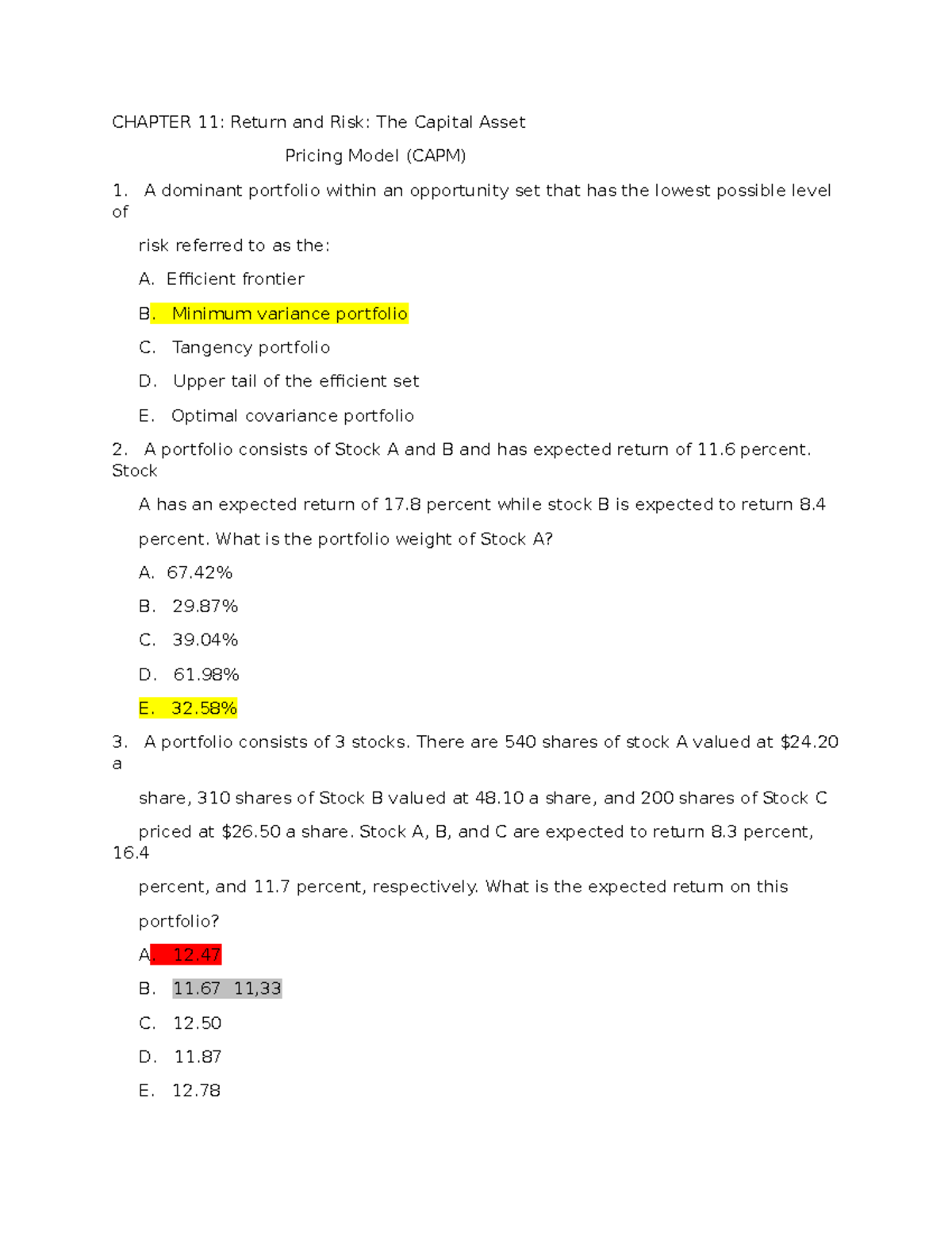 CHAPTER 11: Return and Risk - CAPM Practice Questions - Studocu