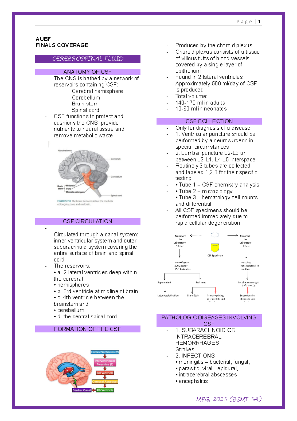 AUBF Finals Coverage on Cerebrospinal Fluid Anatomy and Analysis - Studocu