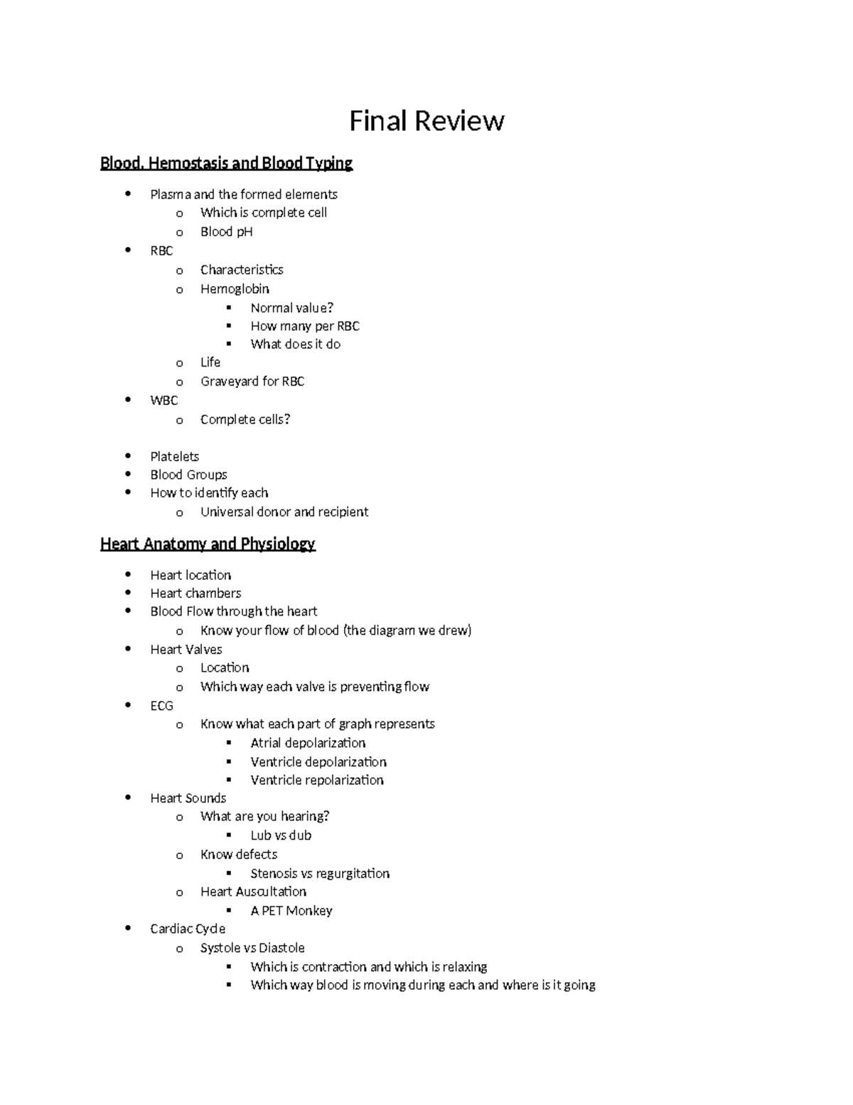 Final Review Notes: Blood, Heart, and Reproductive Systems (BIO 101 ...
