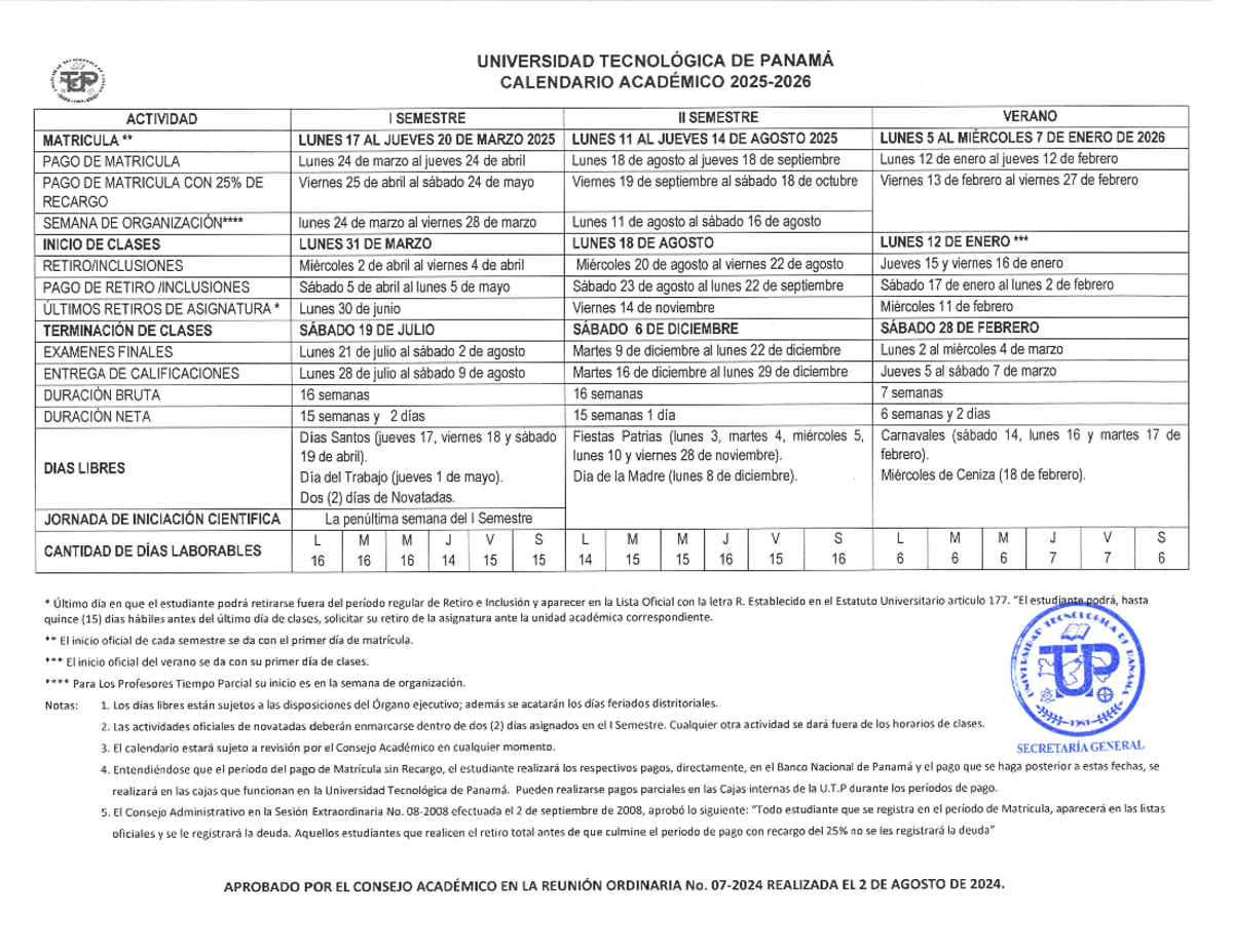 Calendario Académico UTP 2025-2026: Fechas Clave y Actividades - Studocu