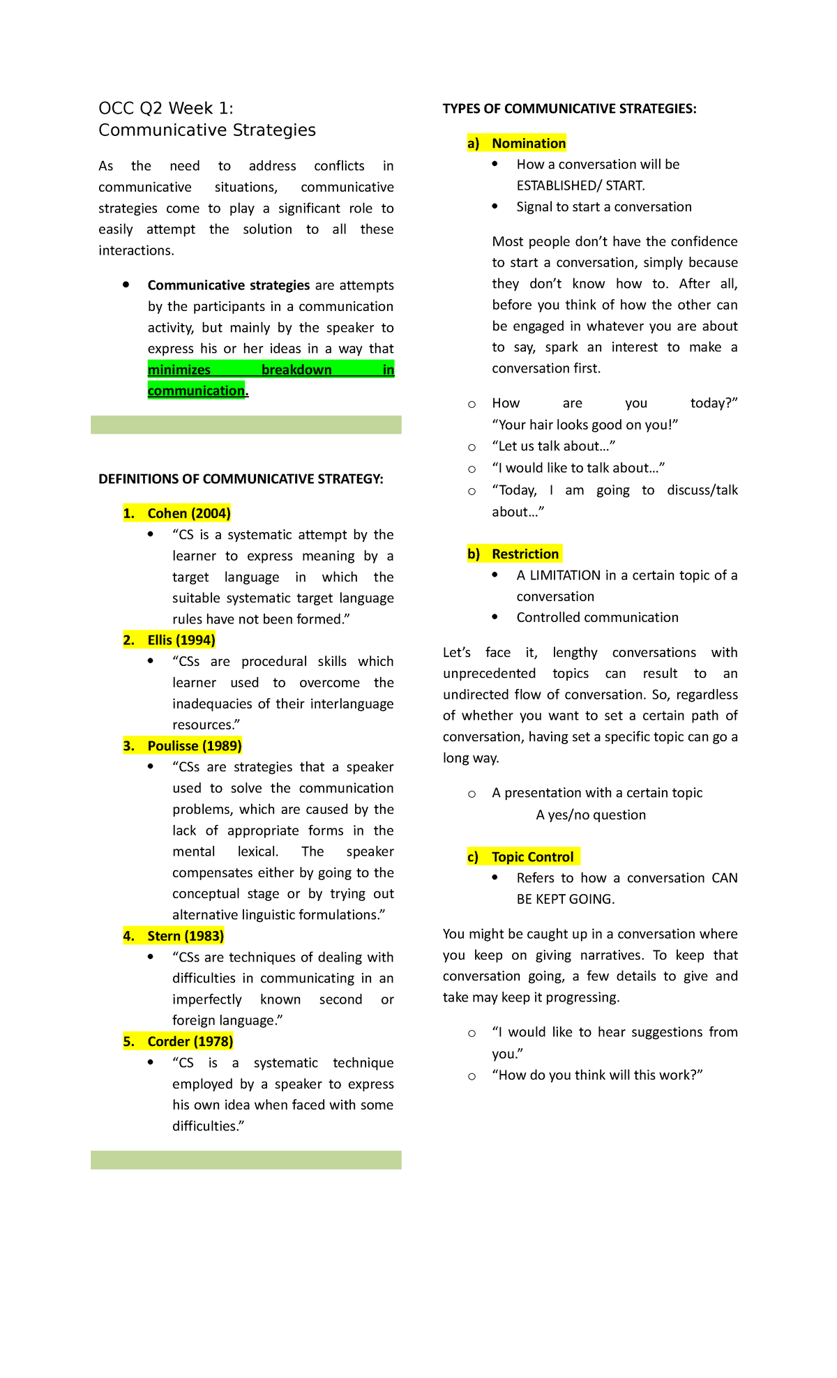 OCC Q2 Communicative Strategies and Speech Principles Reviewer - Studocu