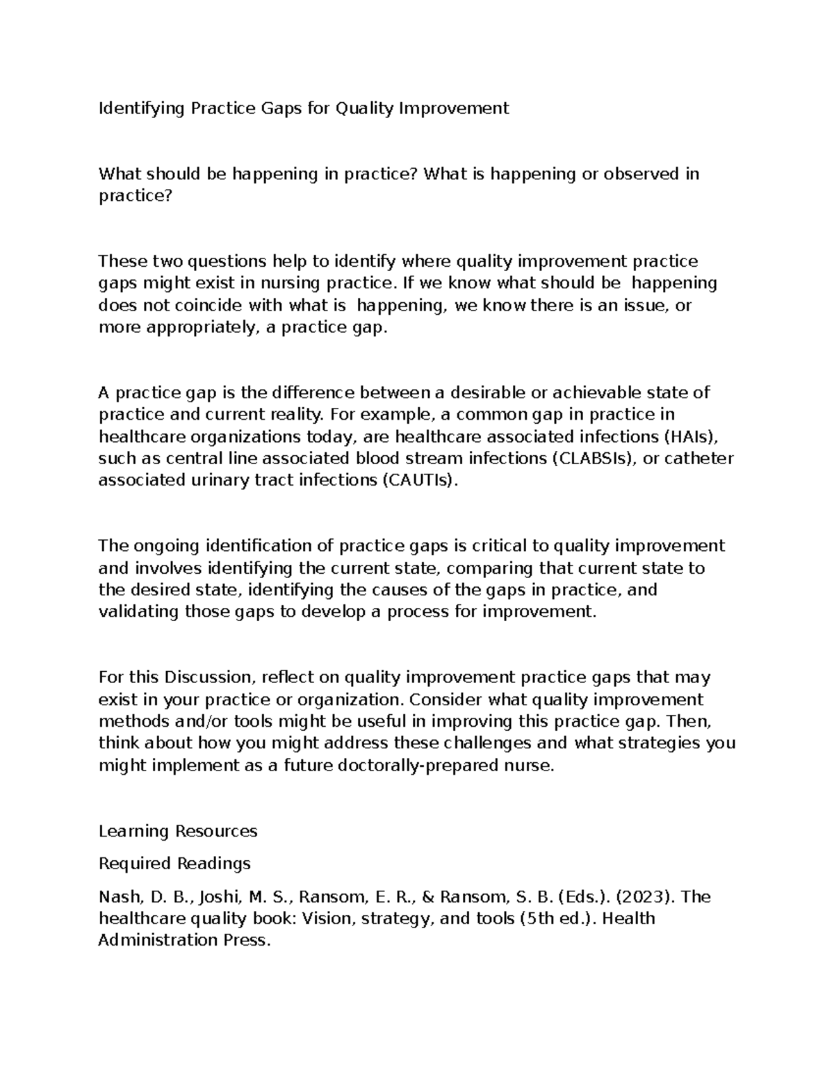 NURS 450: Identifying Quality Improvement Practice Gaps in Nursing ...