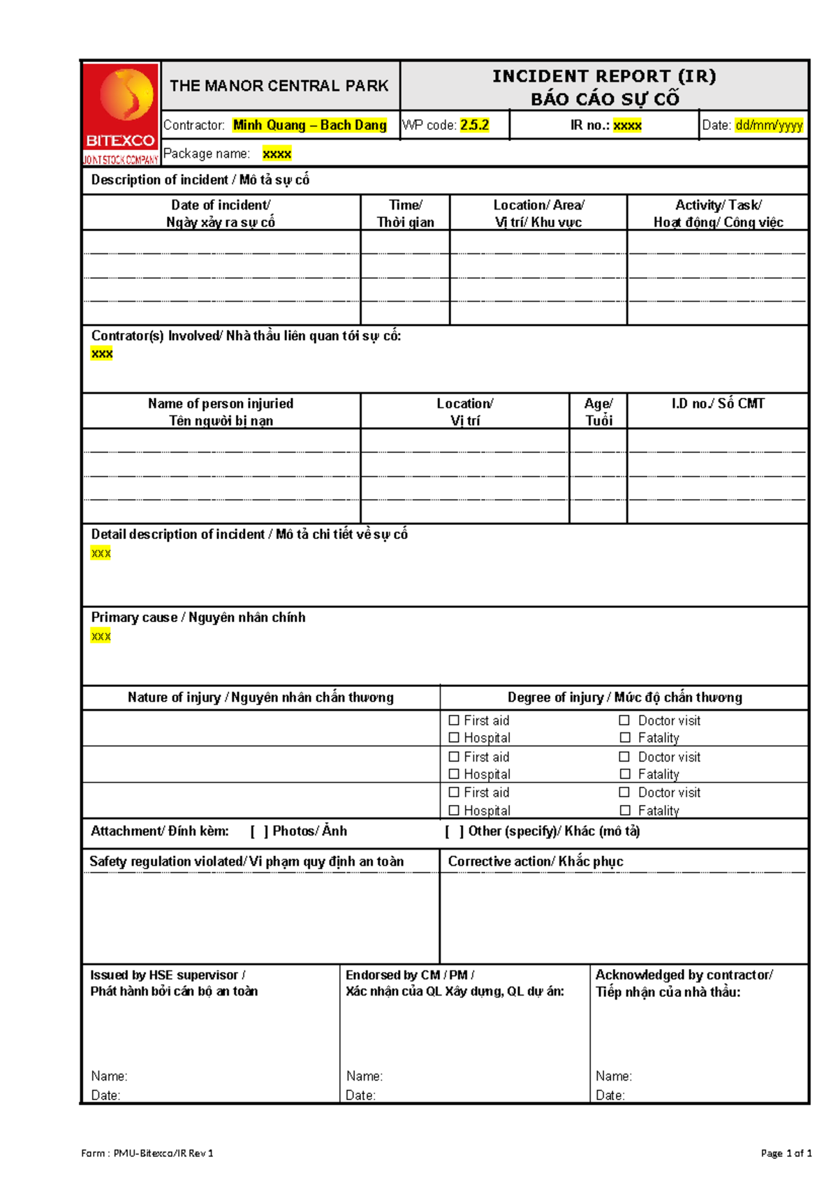 11 IR Form - Incident Report for Manor Central Park [Rev-1] - Studocu
