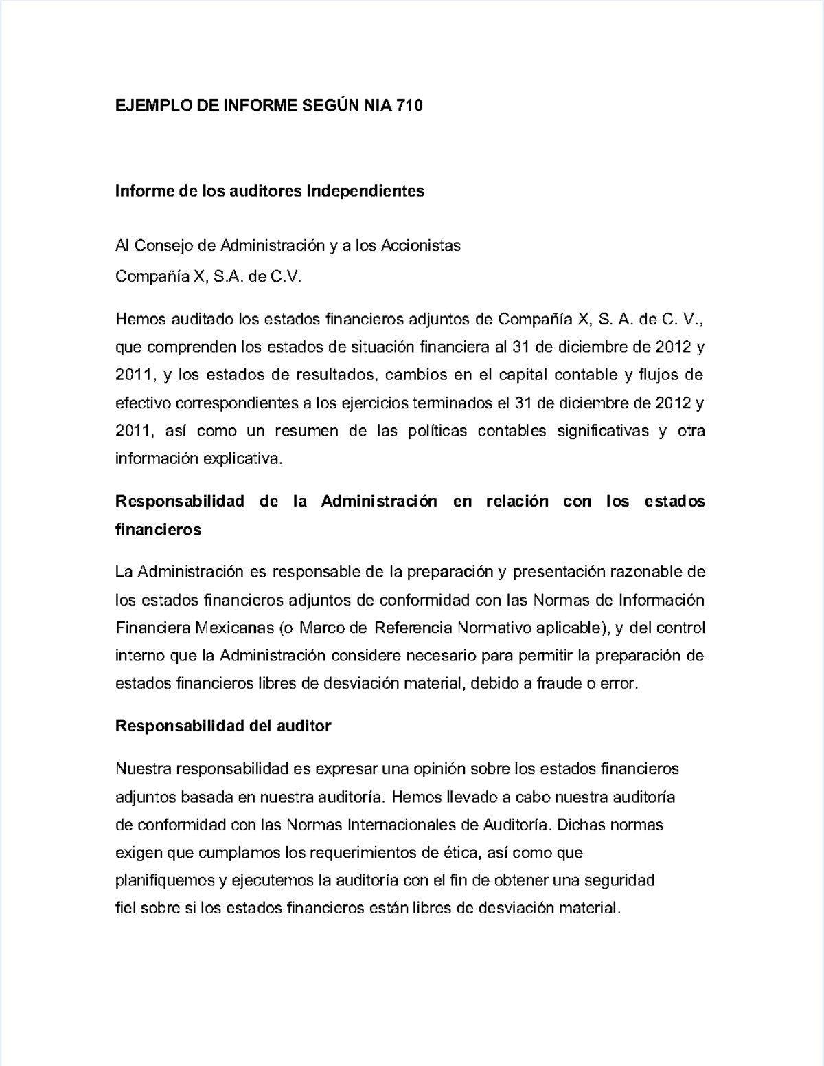 NIA 710 - Informe de Auditoría según Normas Internacionales - Studocu