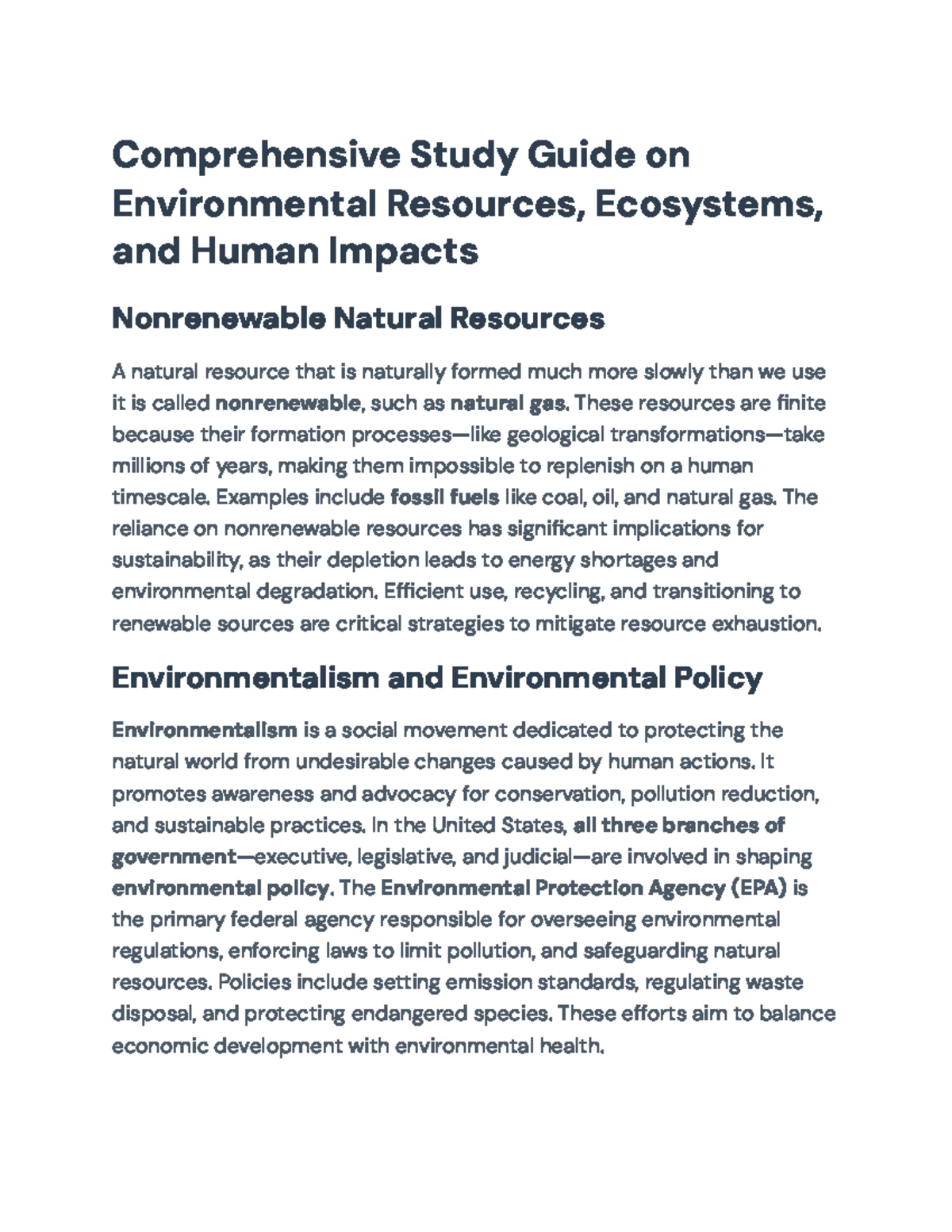 Comprehensive Study Guide: Environmental Science & Human Impact (ENV ...