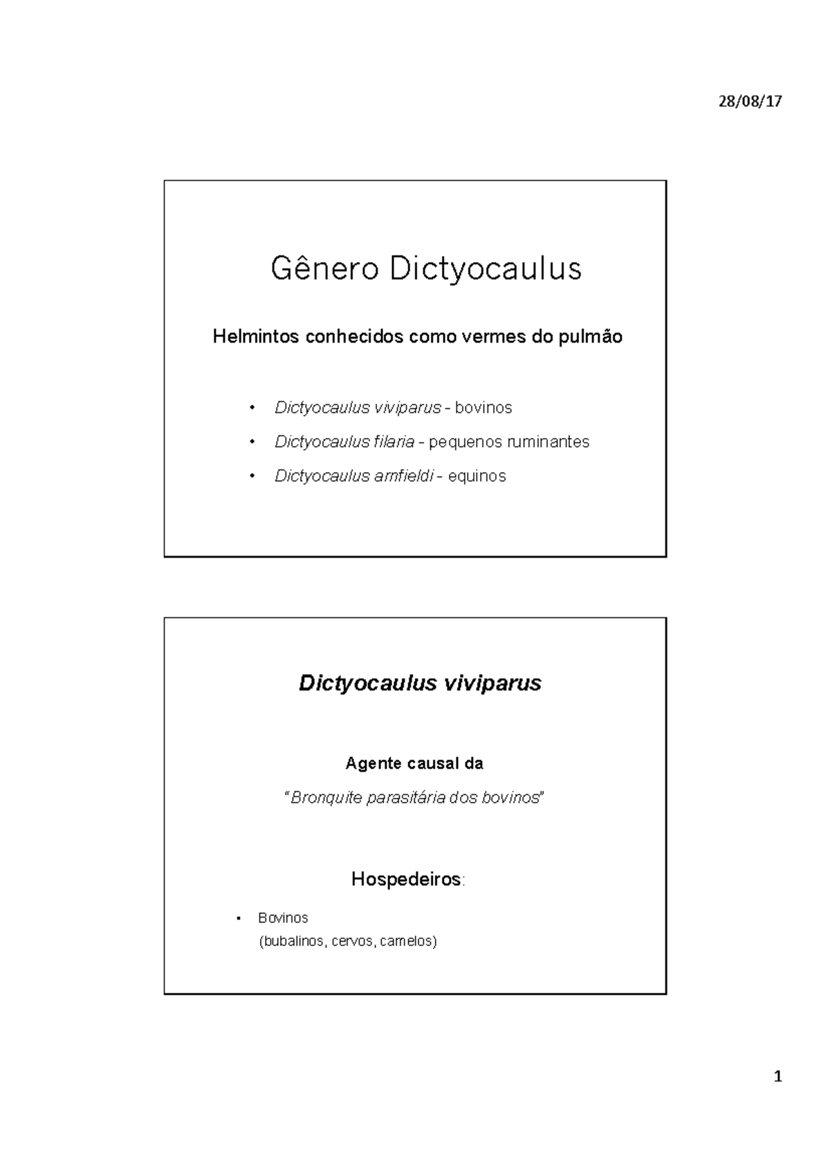 PDF Aula: Parasitas Pulmonares - Dictyocaulus spp e Ciclo Vital - Studocu