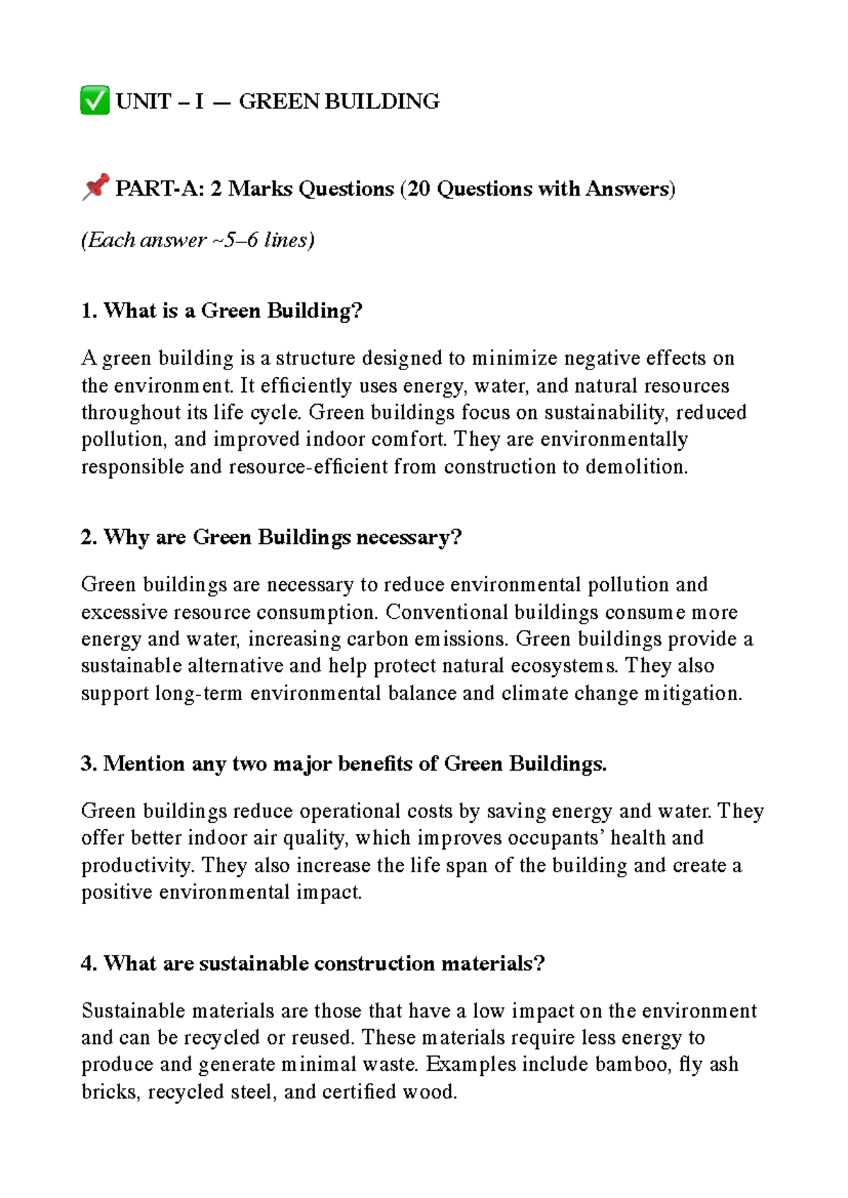 Unit I Green Building: 2 Marks Q&A (20 Questions with Answers) - Studocu
