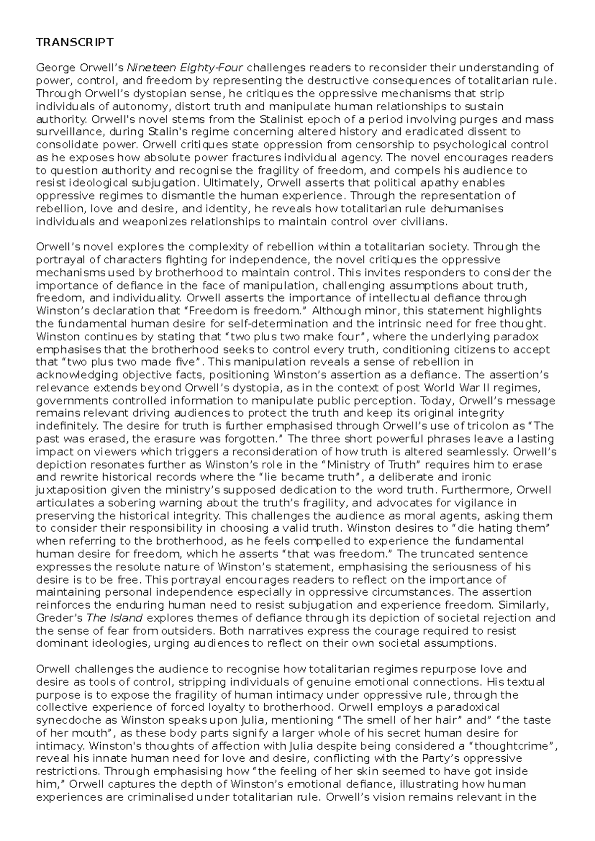 ENG 101: Transcript Analysis of Orwell's "Nineteen Eighty-Four" and ...