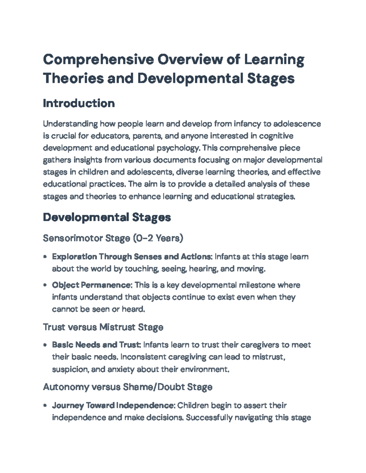Comprehensive Overview of Learning Theories and Developmental Stages ...