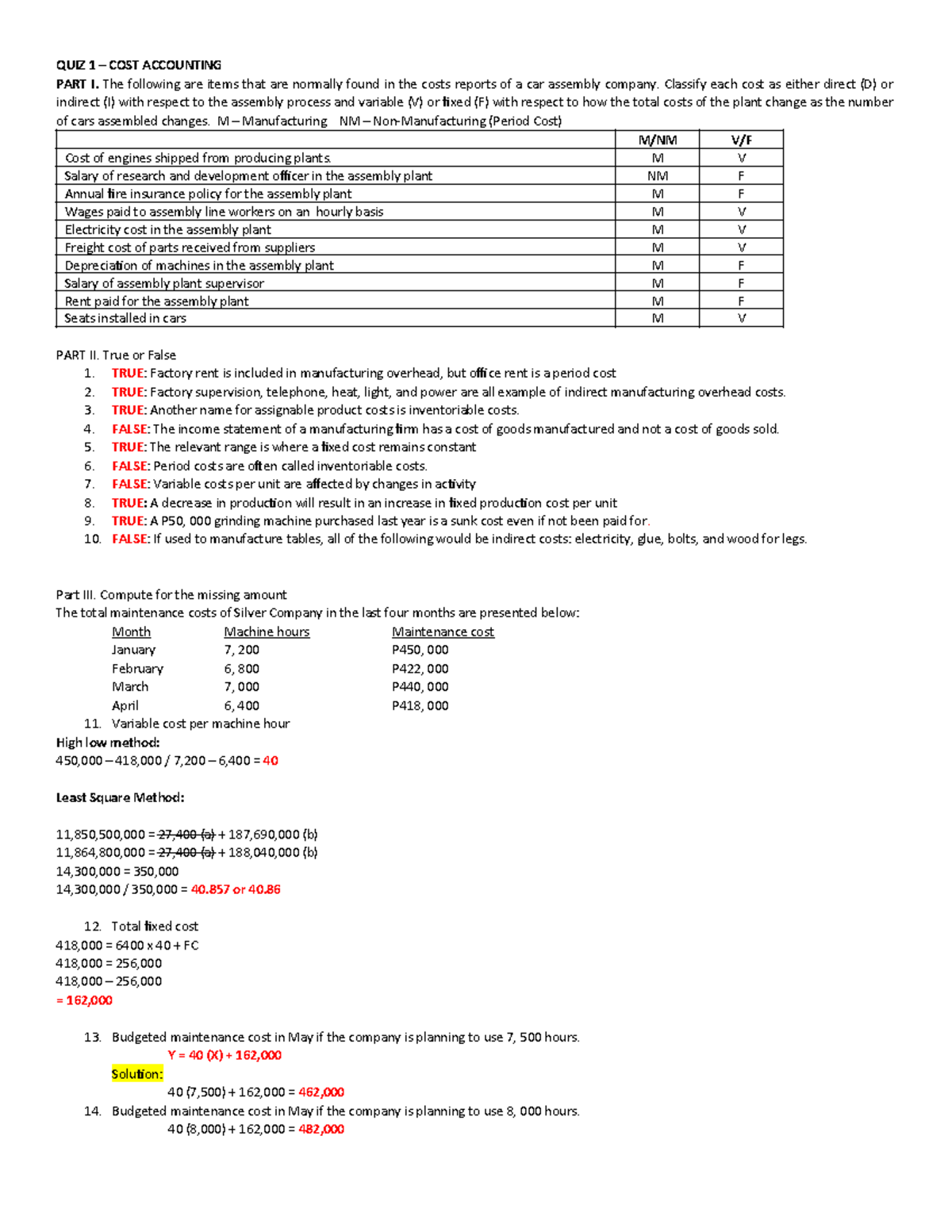 COST ACCOUNTING QUIZ 1: ITEM CLASSIFICATION AND COST CALCULATIONS - Studocu