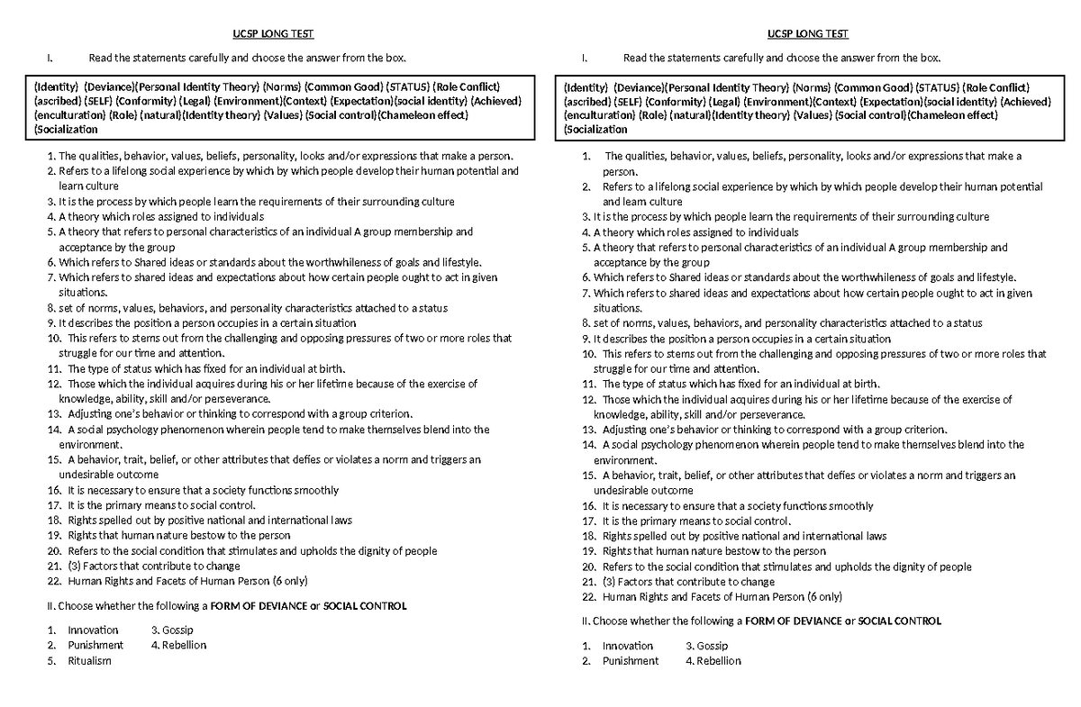UCSP LONG TEST - UCSP - UCSP LONG TEST I. Read the statements carefully ...