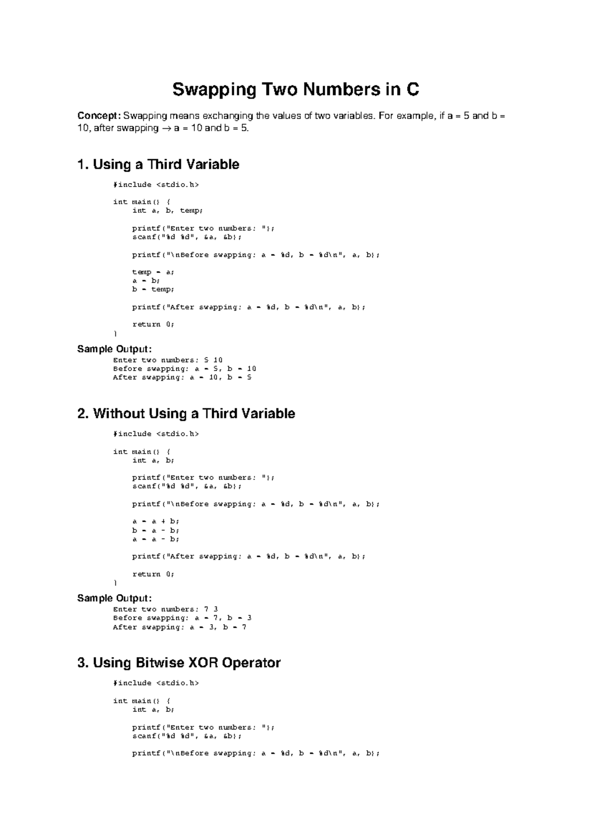 Swapping Two Numbers in C: Concepts & Methods Explained - Studocu