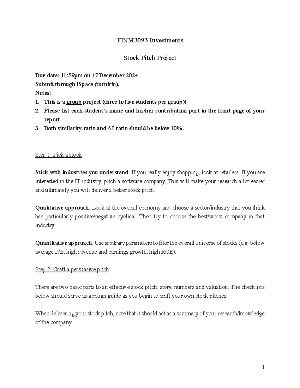 Stock pitch project - aaaa - 1 FINM30 93 Investments Stock Pitch ...