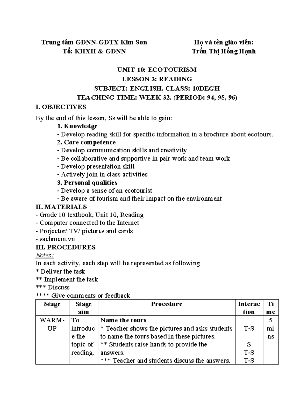 G10 - WEEK 32: ECOTOURISM UNIT 10 LESSON 3 READING & DISCUSSION - Studocu