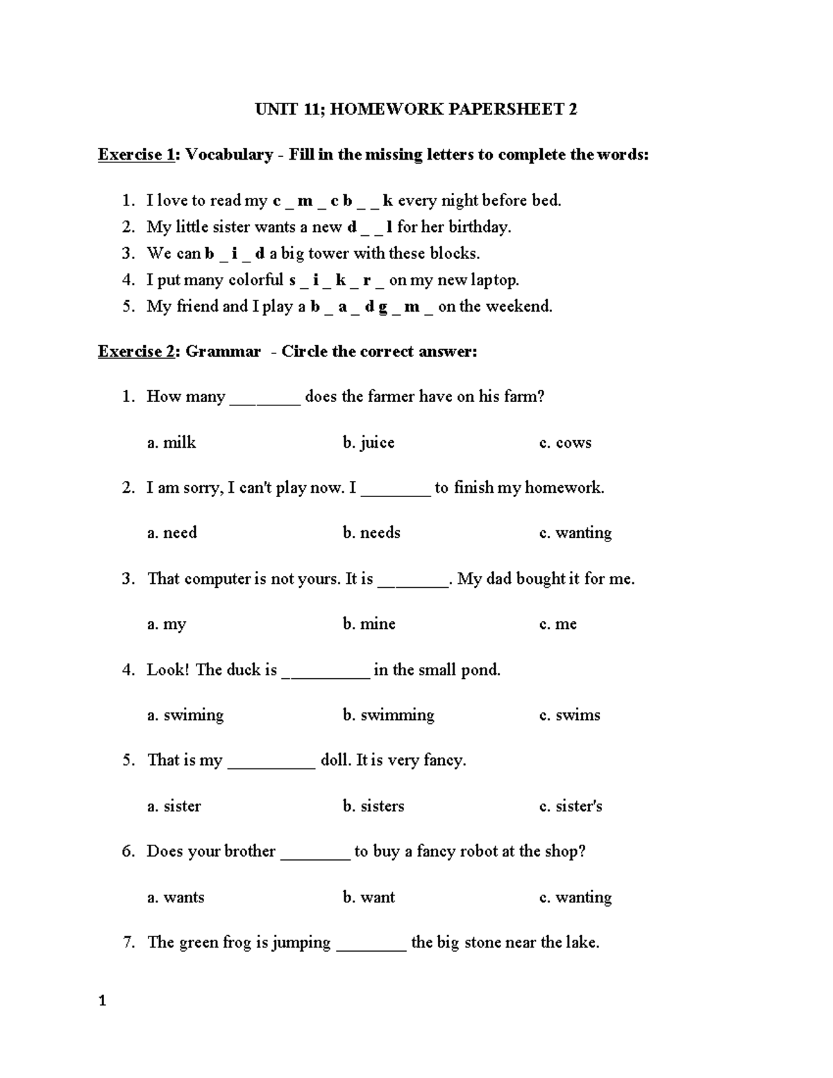 UNIT 11 HW Papersheet 2: Vocabulary, Grammar, Reading & Writing ...