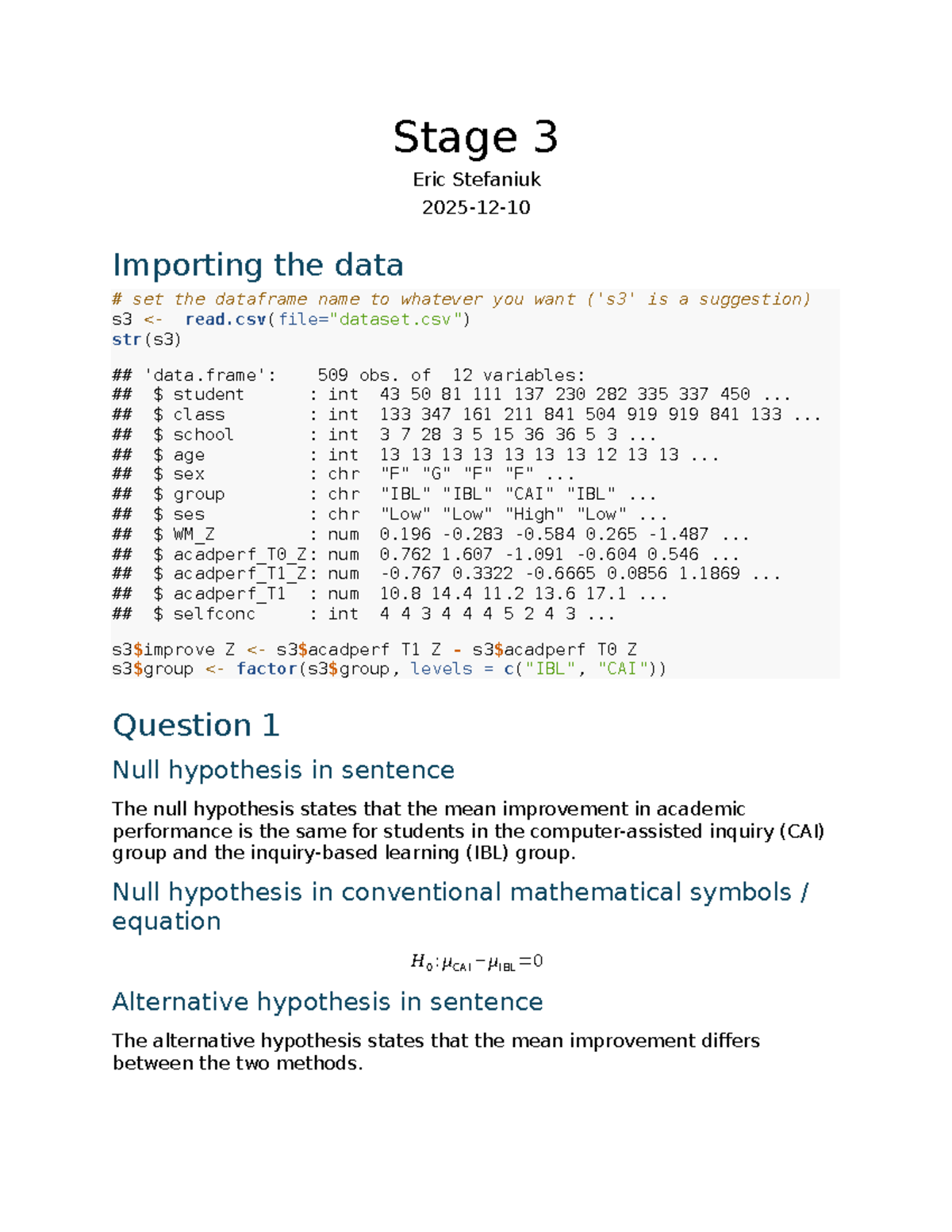 Stage 3 Assignment: Analyzing Academic Performance Data (STAT 2244 ...