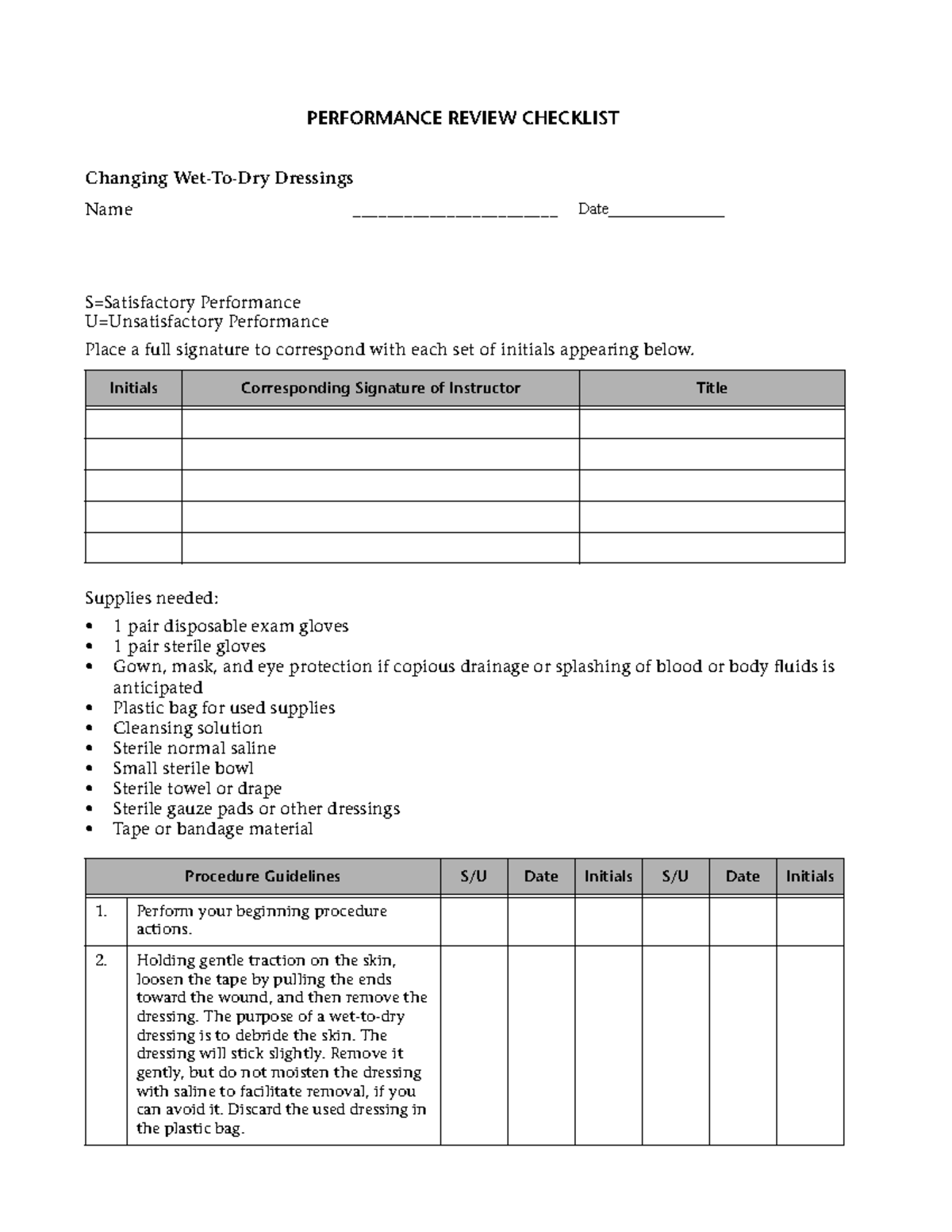 Sterile dressing - lab skills - PERFORMANCE REVIEW CHECKLIST Procedure ...