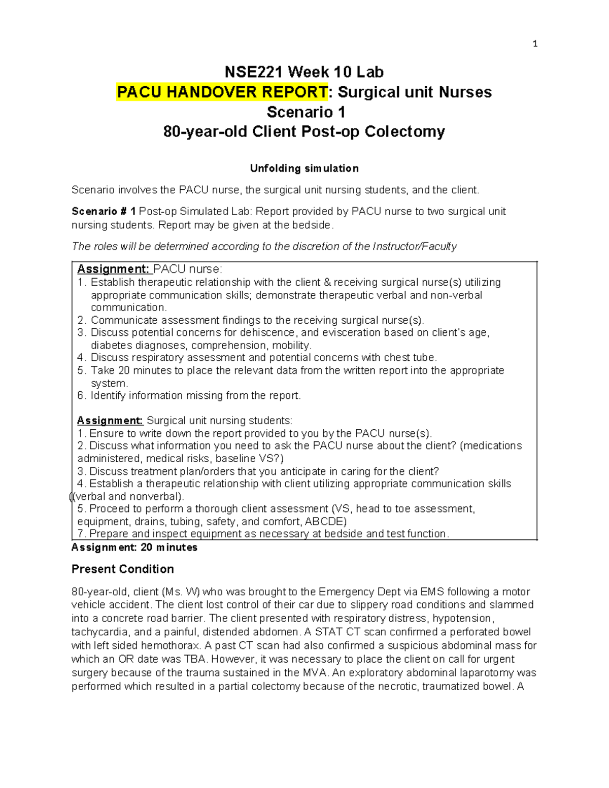 NSE221 Week 10 Lab: PACU Handover Report for Surgical Nurses - Studocu
