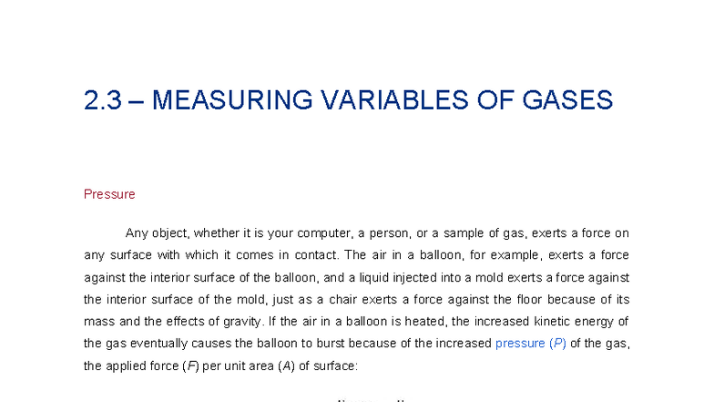 2.3 – Measuring Variables of Gases: Pressure and Its Effects - Studocu