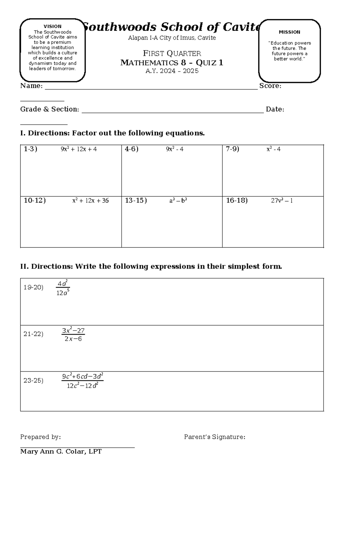 1st Quarter Math 8 Quiz 1 A.Y. 2024-2025 - Studocu
