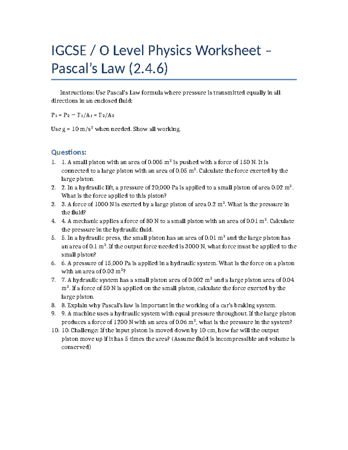 Pascals Law Physics Worksheet (IGCSE O Level) - Studocu