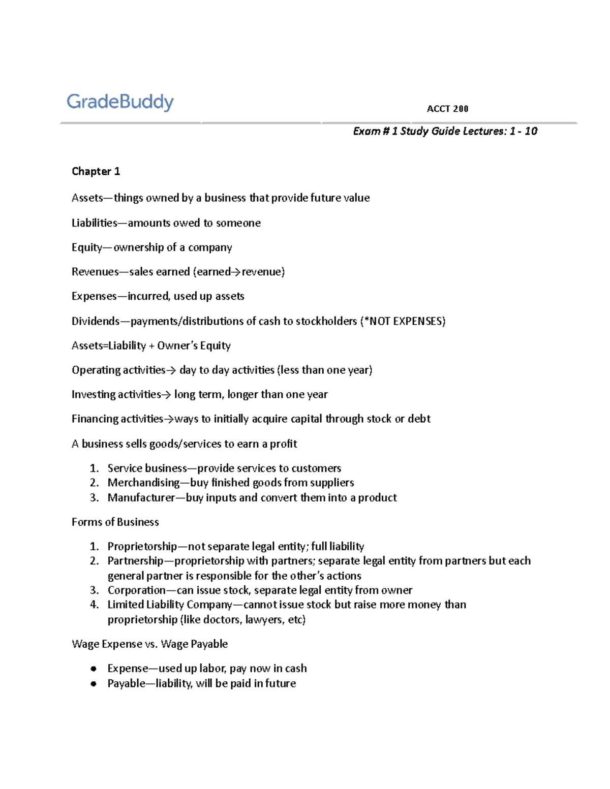 ACCT 200 Exam 1 Study Guide: Key Concepts from Lectures 1-10 - Studocu