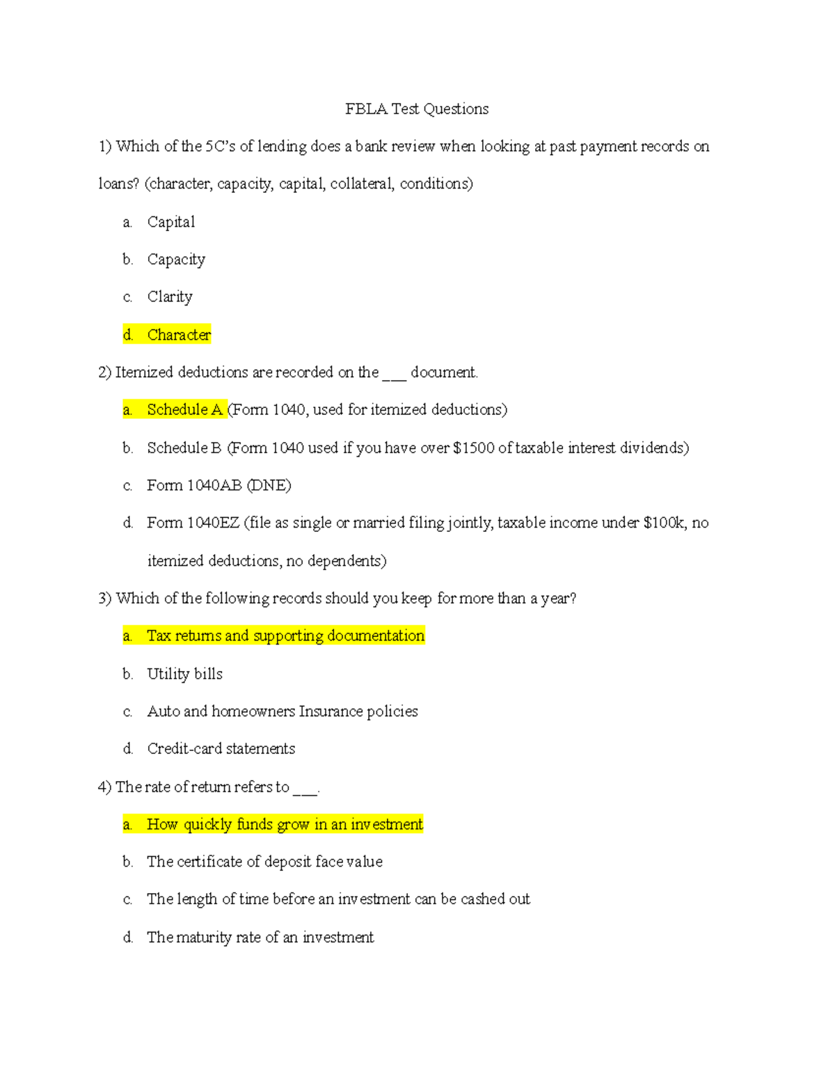 FBLA Test Questions: Financial Literacy Concepts and Applications - Studocu