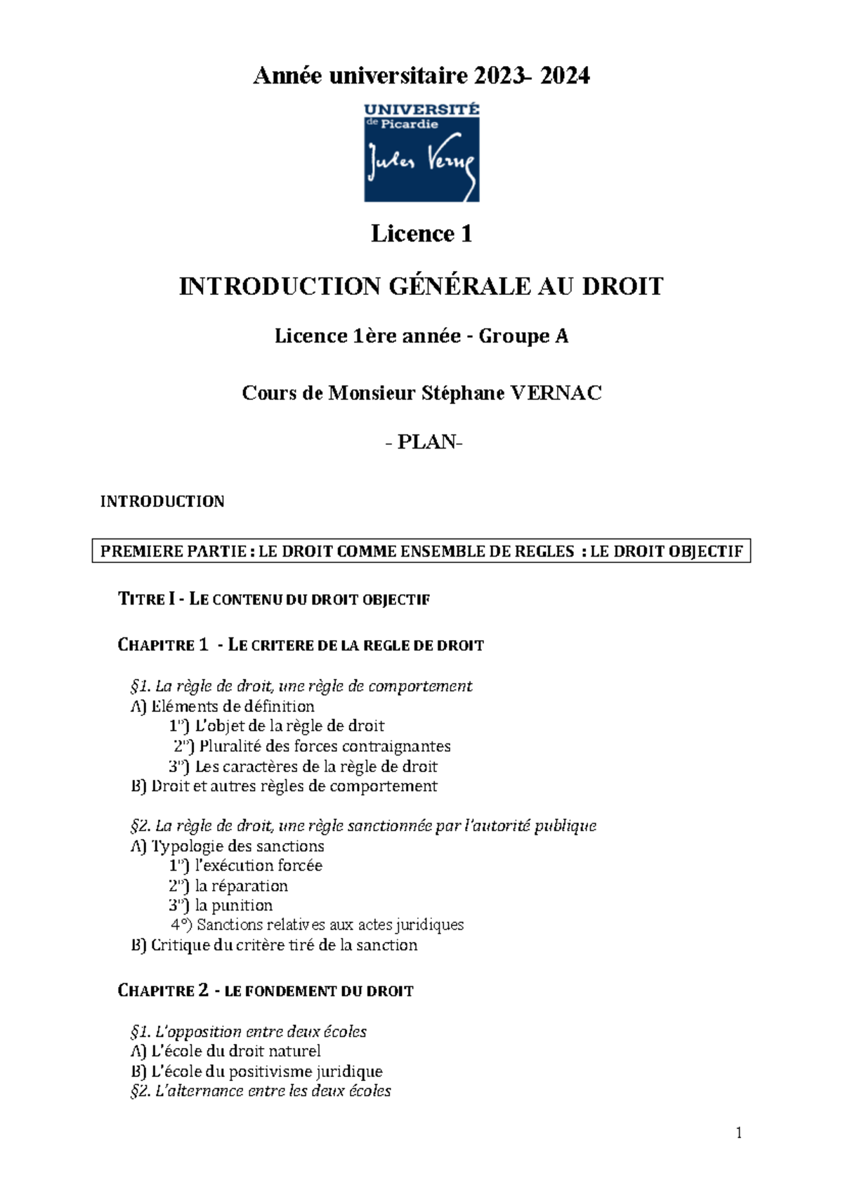 Licence 1 - Introduction Générale au Droit 2024 - Plan de Cours - Studocu