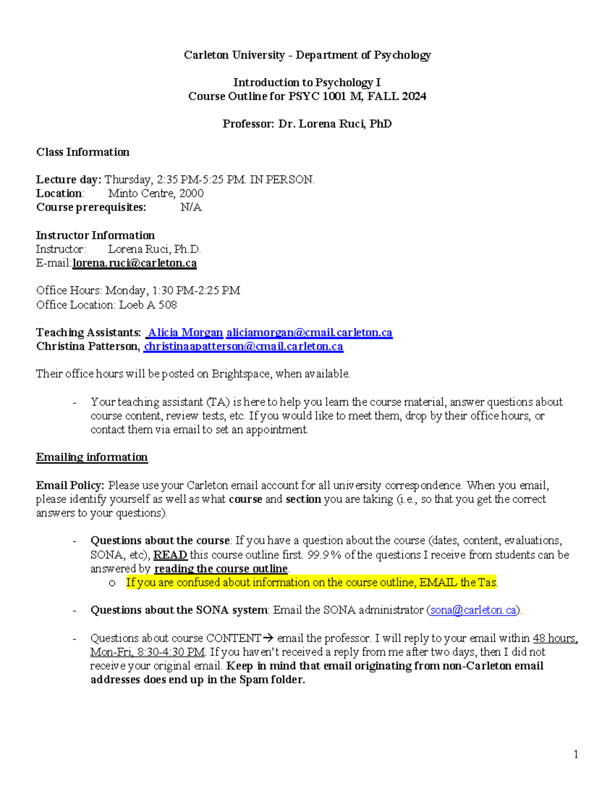 Course Outline for PSYC 1001: Introduction to Psychology I - Fall 2024 ...