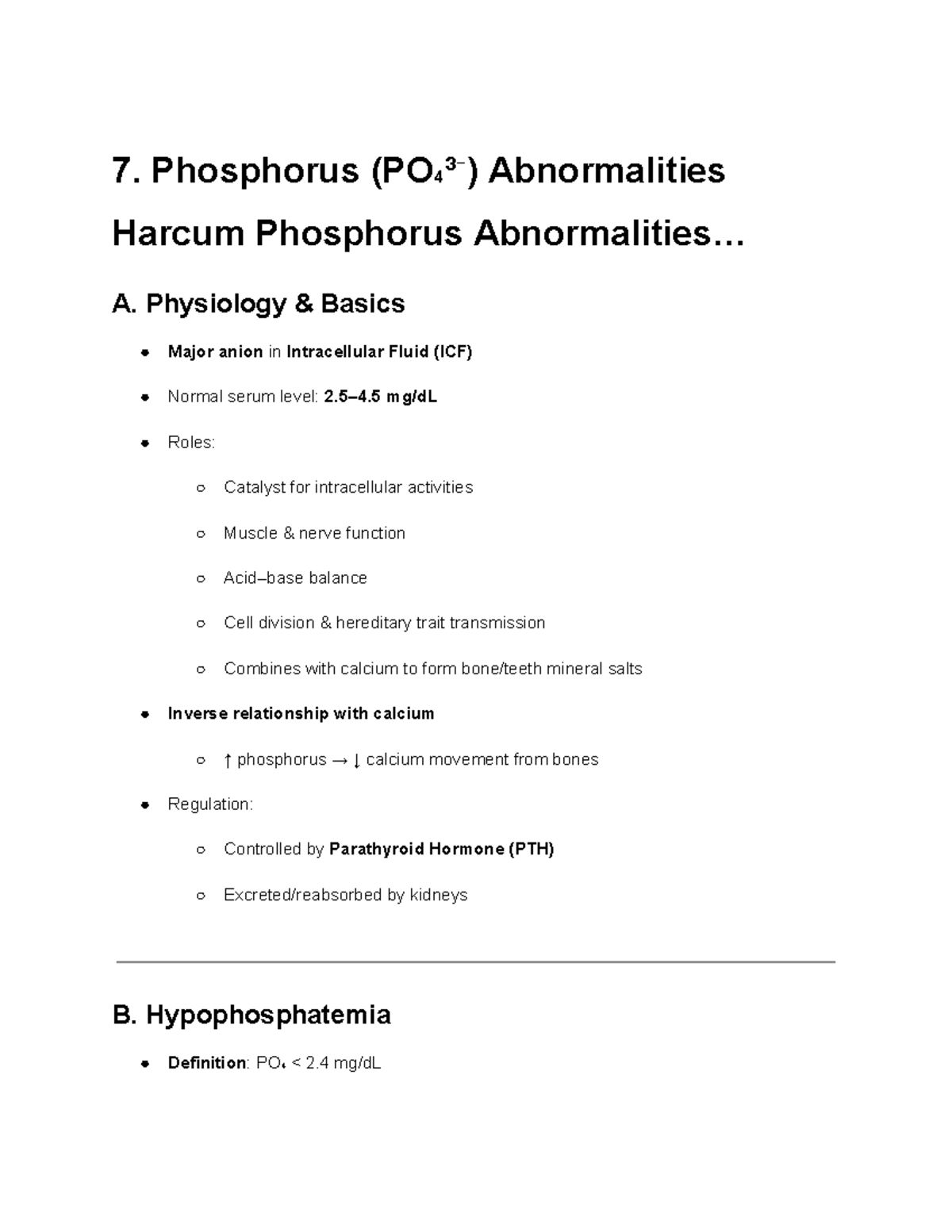 7. Phosphorus Abnormalities: Physiology & Management Notes - Studocu