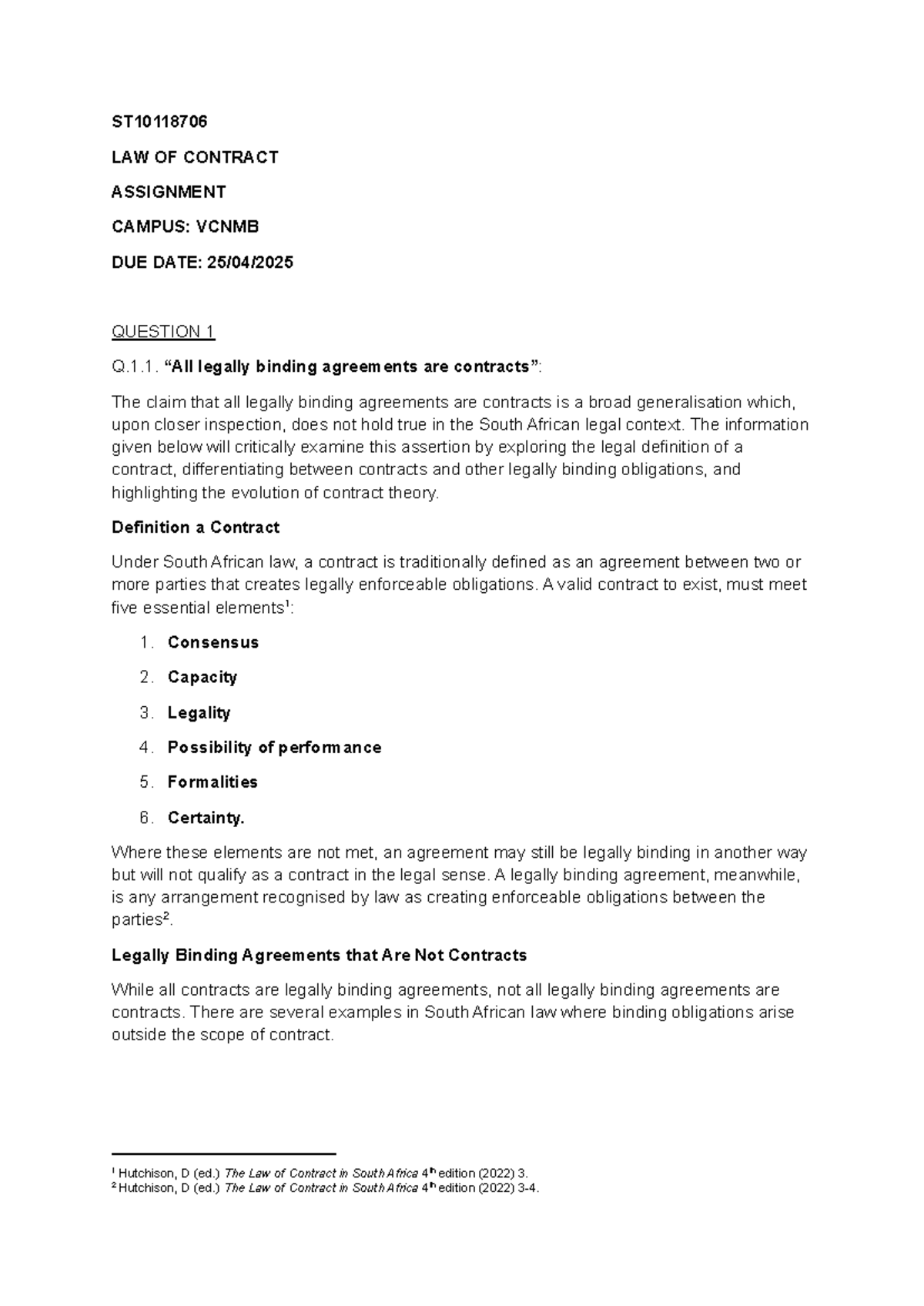 ST10118706 LAW OF CONTRACT ASSIGNMENT: Examining Legally Binding ...