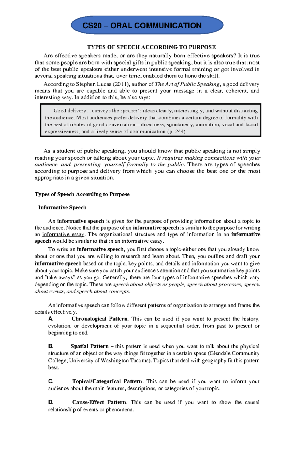 CS20 ORAL COMMUNICATION: Types of Speech by Purpose - Studocu