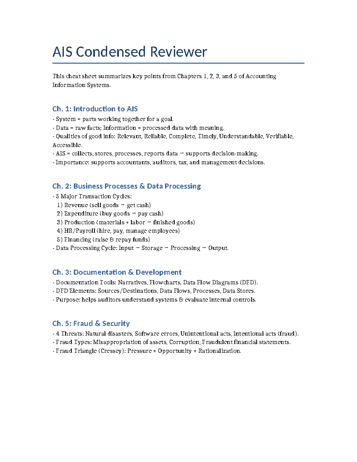 AIS 101: Key Points from Chapters 1, 2, 3, and 5 Summary - Studocu
