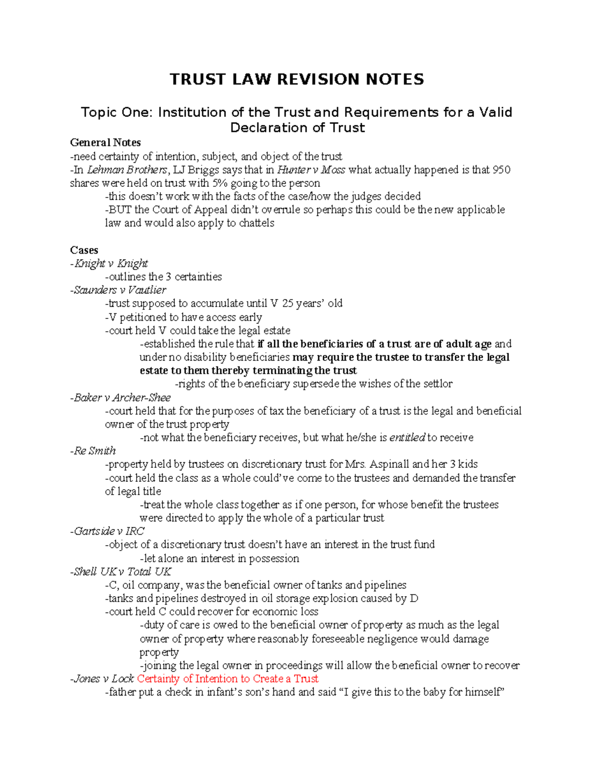 TRUST LAW REVISION NOTES: Key Concepts and Case Summaries - Studocu