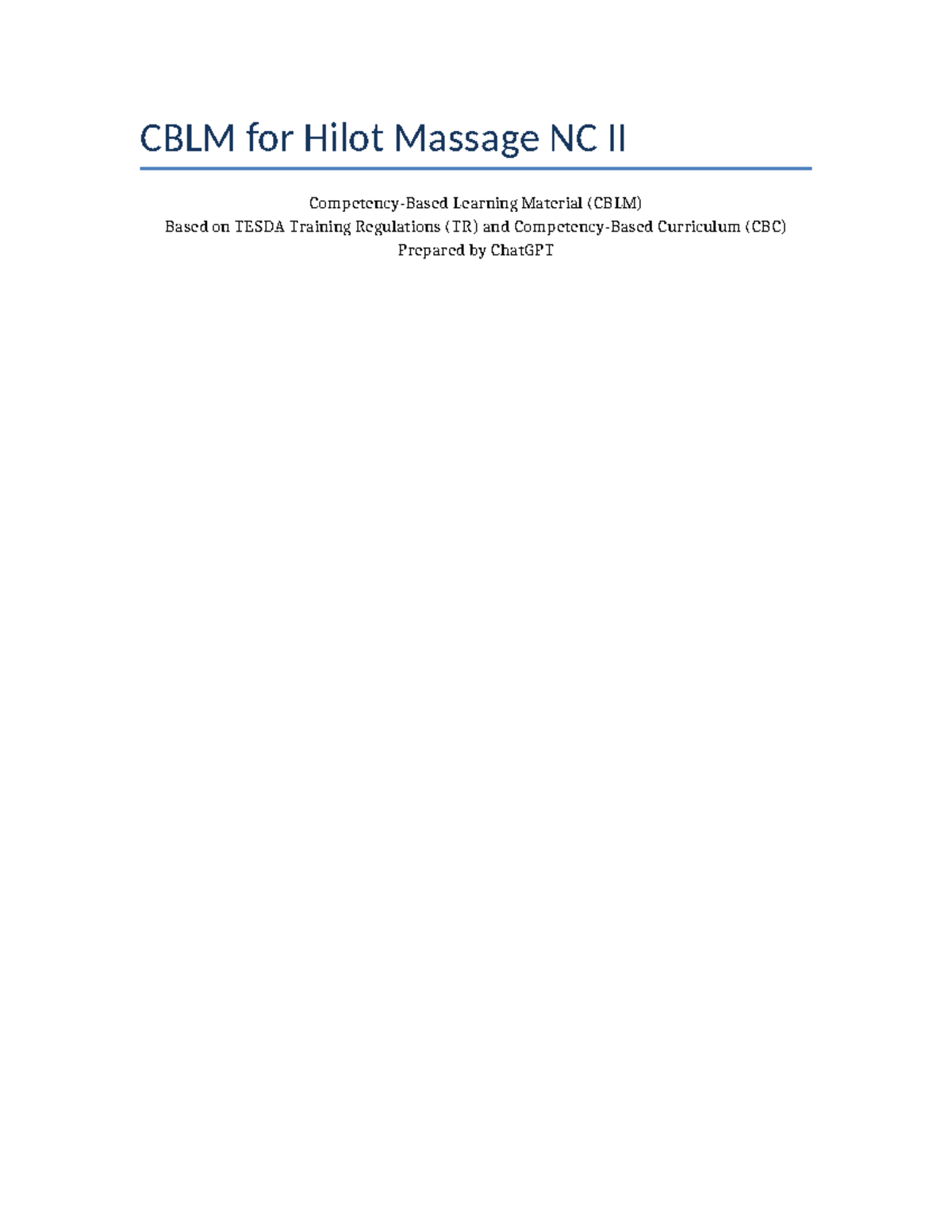 CBLM for Hilot Massage NC II: Comprehensive 12 Unit Guide - Studocu
