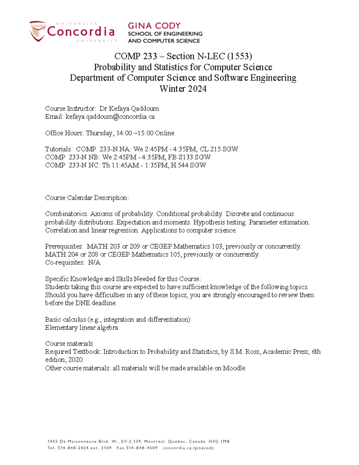 Course Outline for COMP233: Probability & Statistics W24 - Studocu