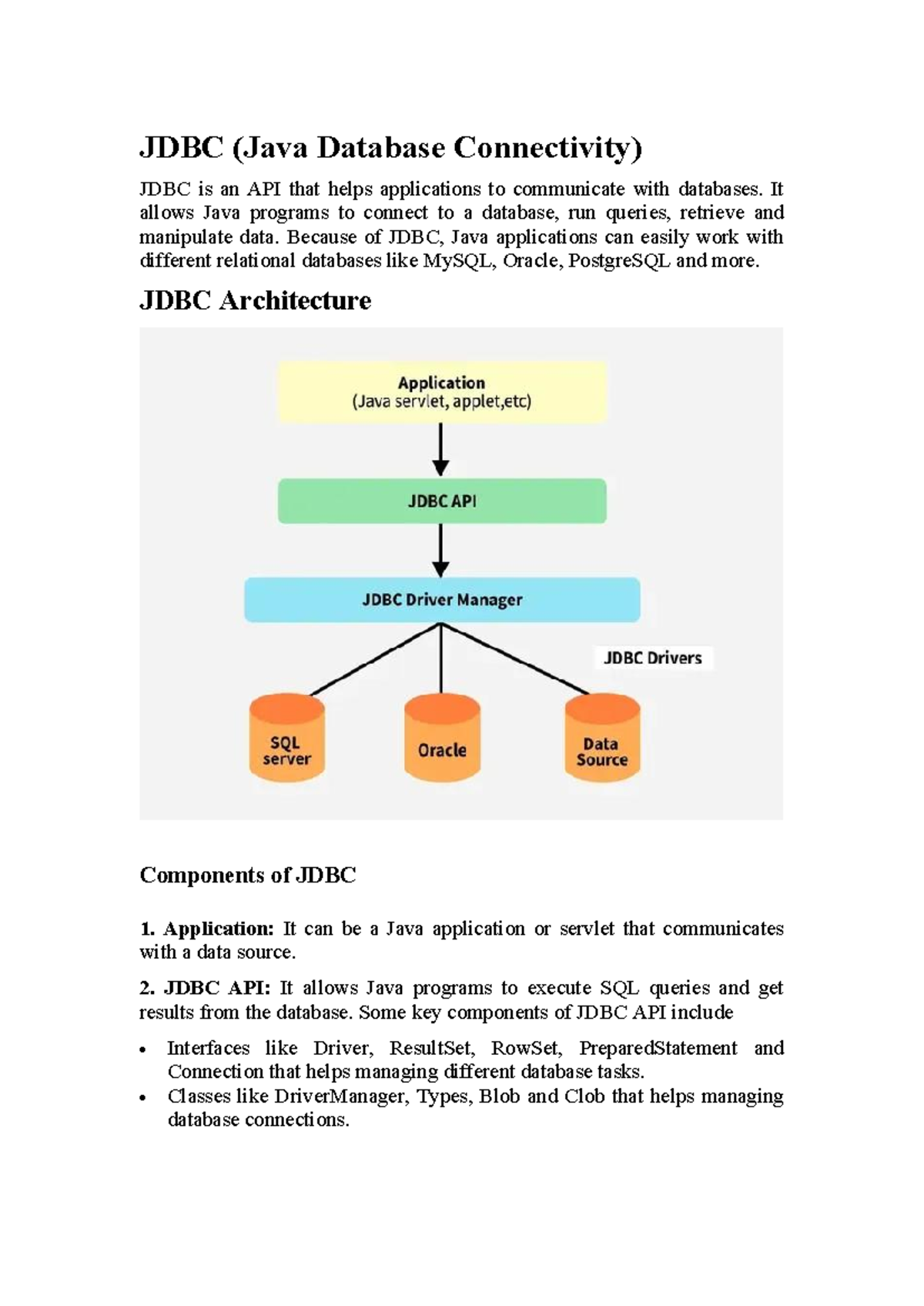 Unit-5-JDBC: Overview and Key Components of Java Database Connectivity ...