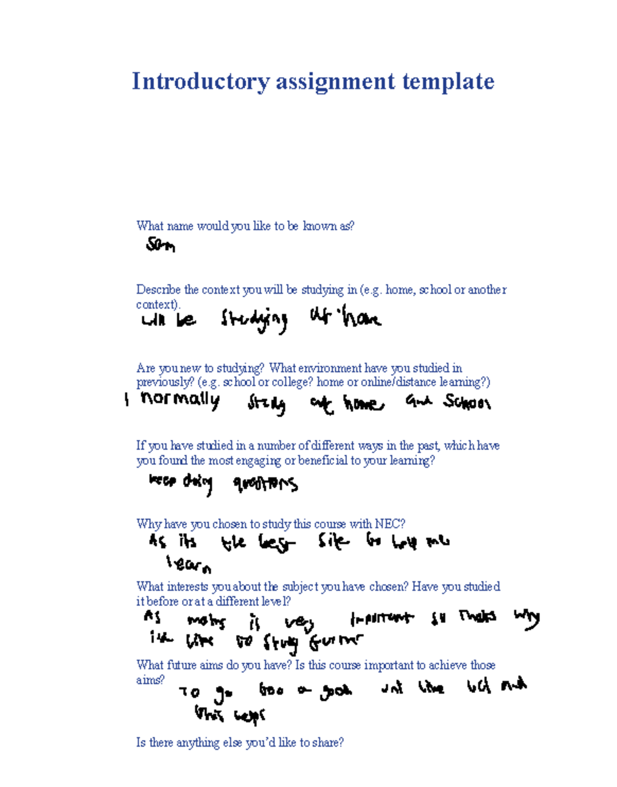 Introductory Assignment Template: Personal Study Context & Goals - Studocu