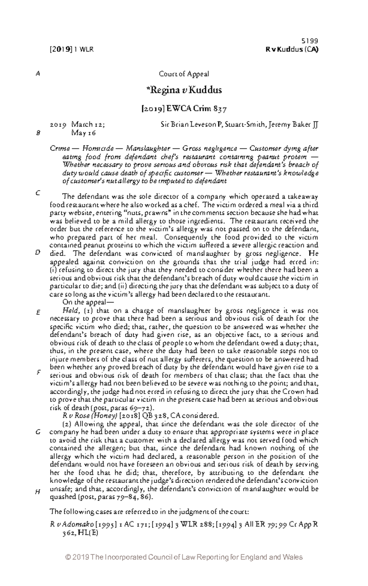R v Kuddus (CA) - Manslaughter by Gross Negligence Case Study Analysis ...