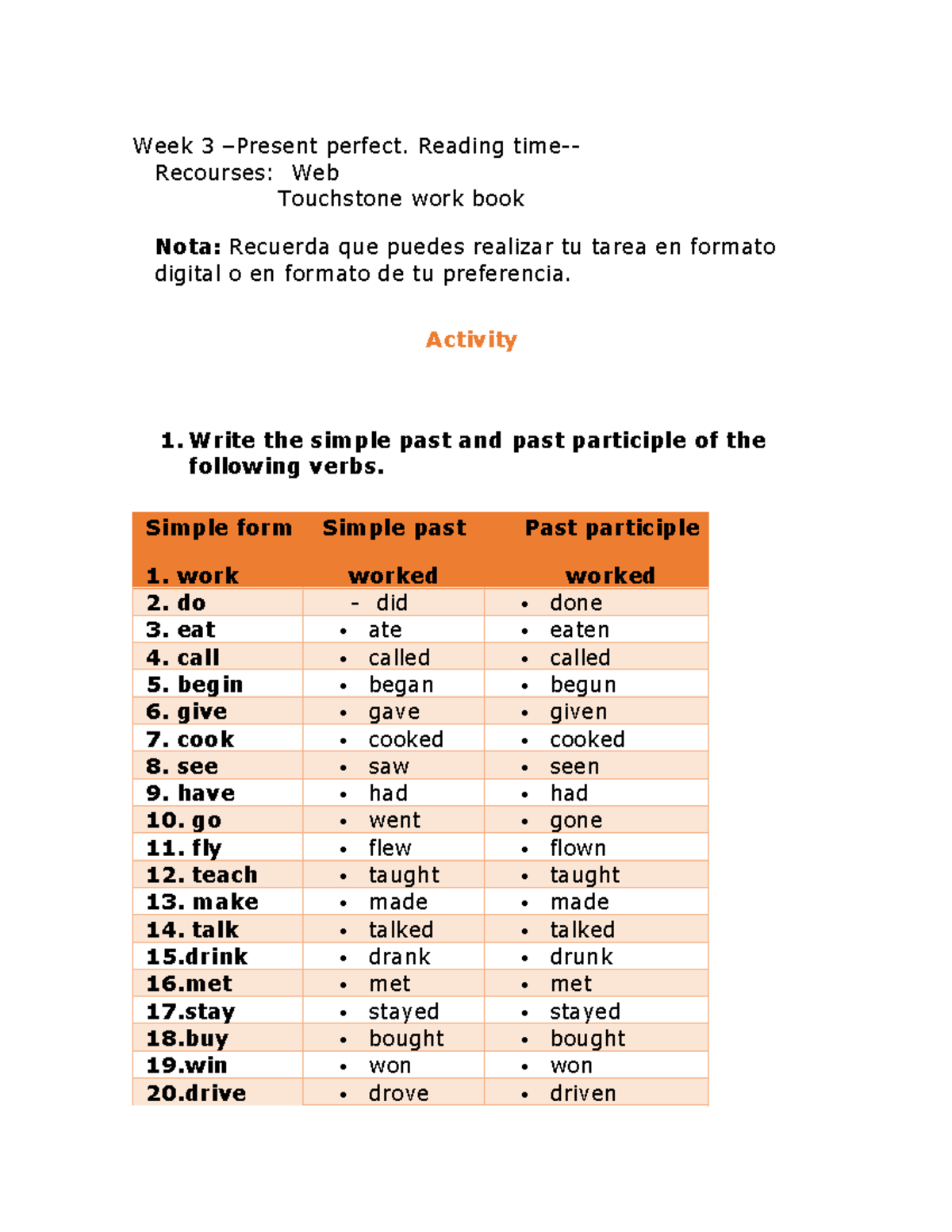 Week 3 - Present Perfect Exercises and Activities - Studocu