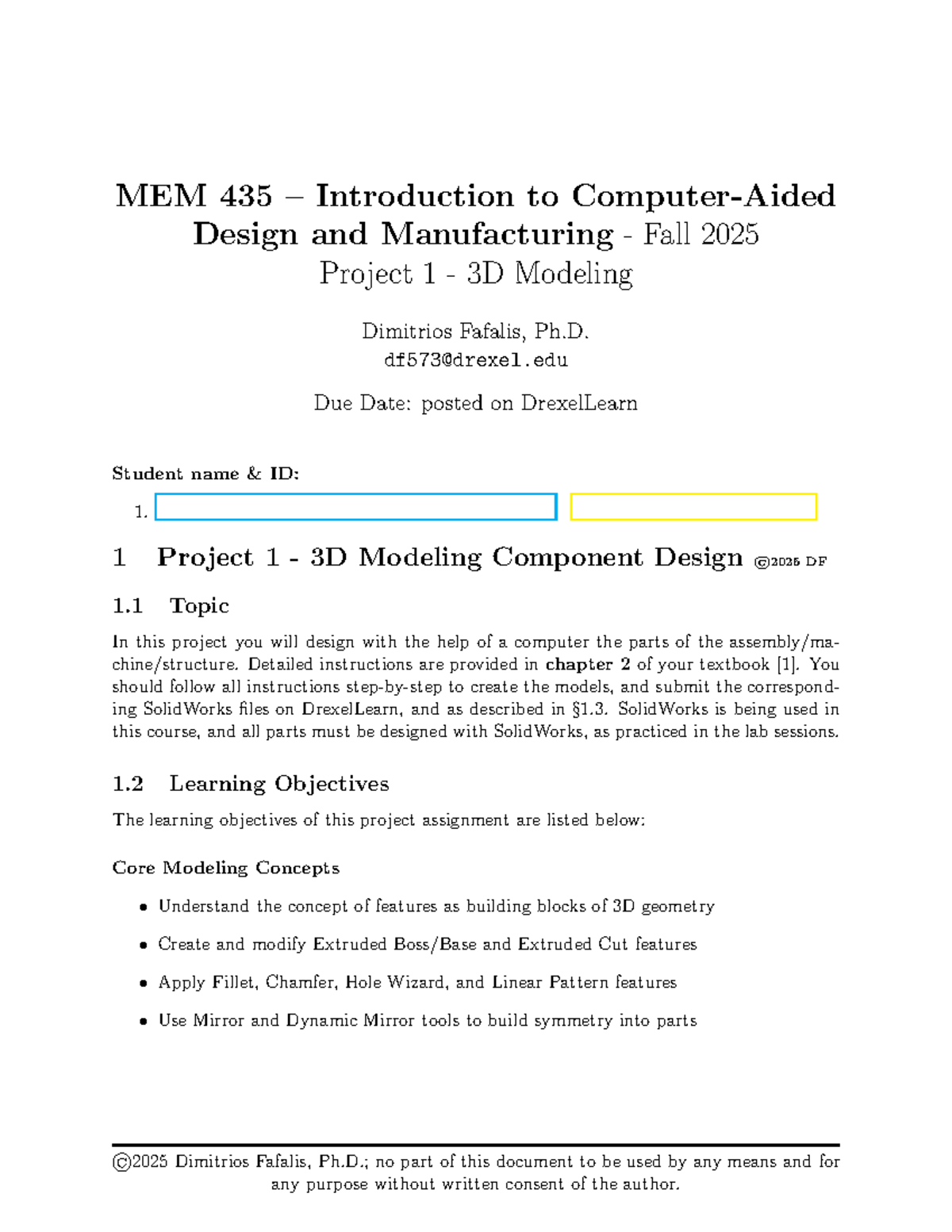 MEM 435 Fall 2025 Project 1: 3D Modeling Guidelines and Objectives ...