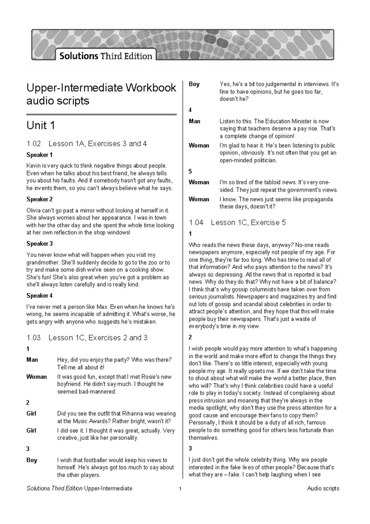 Upper-Int. 3rd WB Audio Scripts: Key Lesson Insights and Exercises ...