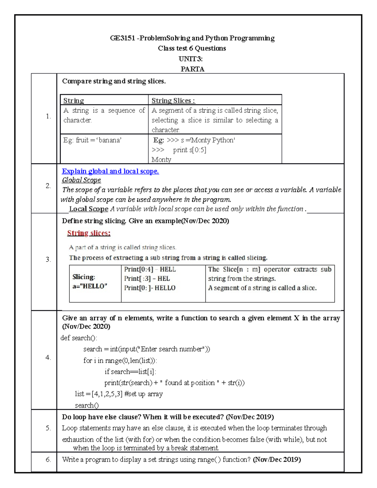 GE3151 Class Test 6: Python Programming & Problem Solving Answers - Studocu