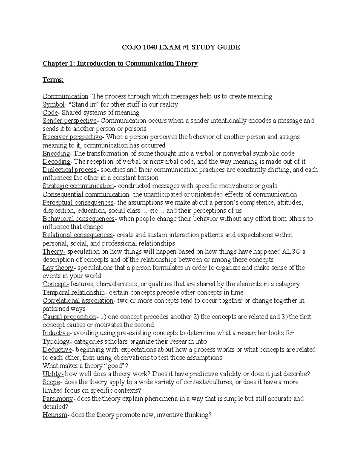 COJO 1040 Final Exam Study Guide: Key Concepts in Communication Theory ...