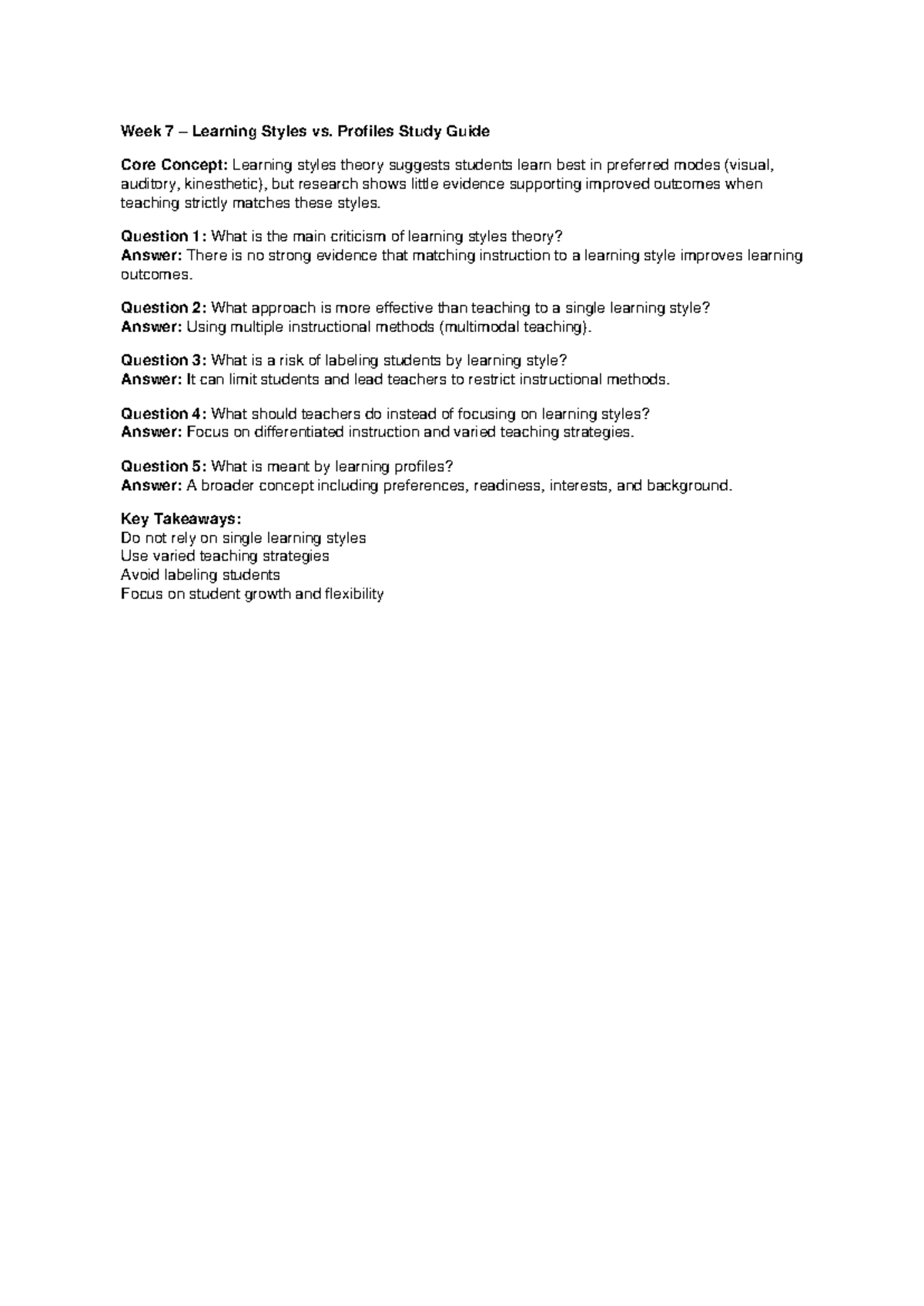 Week 7 Study Guide: Learning Styles vs. Profiles Analysis - Studocu