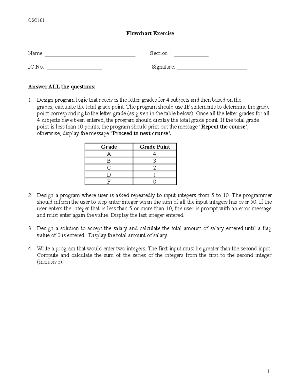 CSC101 Flowchart Exercise: Program Logic Design and Implementation ...