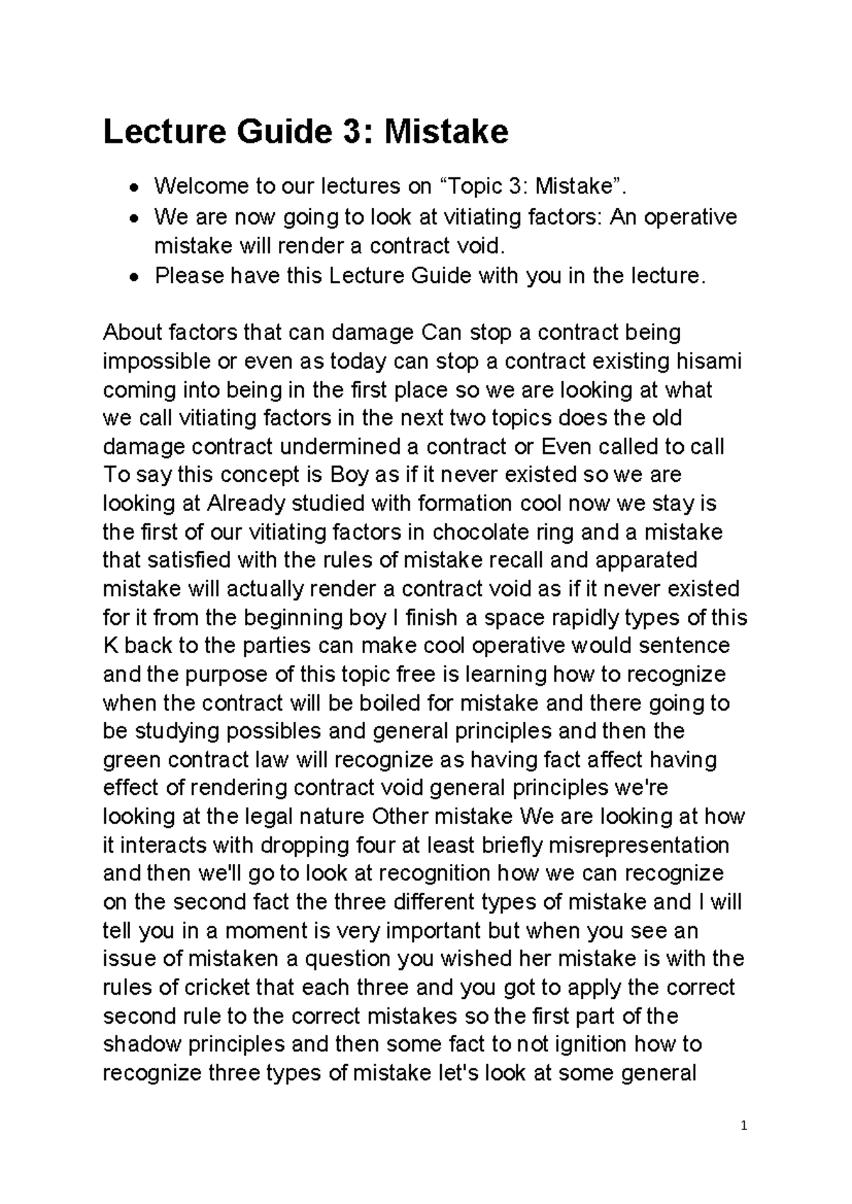 Contract Topic 3 Lecture Guide Mistake - Lecture Guide 3: Mistake ...