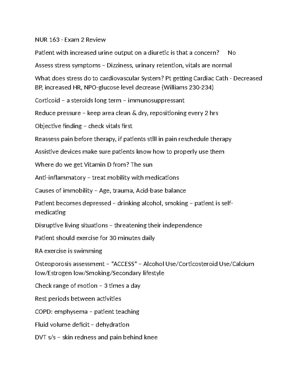 NUR 163 - Exam 2 Review Notes and Key Concepts - Studocu