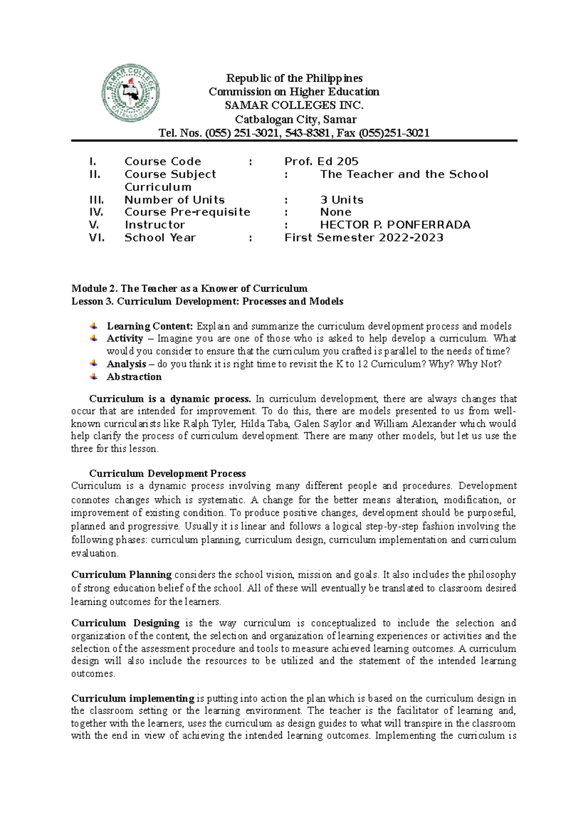 Prof. Ed 205 Module 2 Lesson 3: Curriculum Development Process & Models ...
