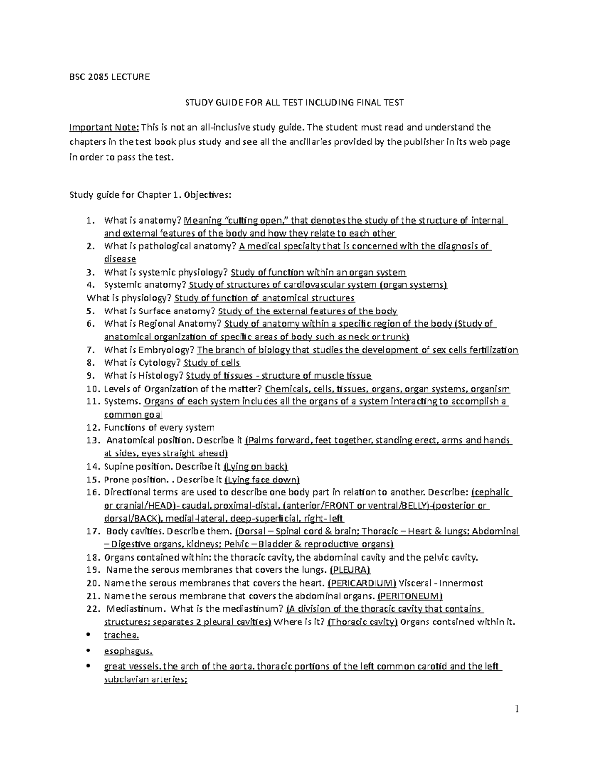 BSC 2085 Lecture Study Guide for All Tests Including Finals - Studocu